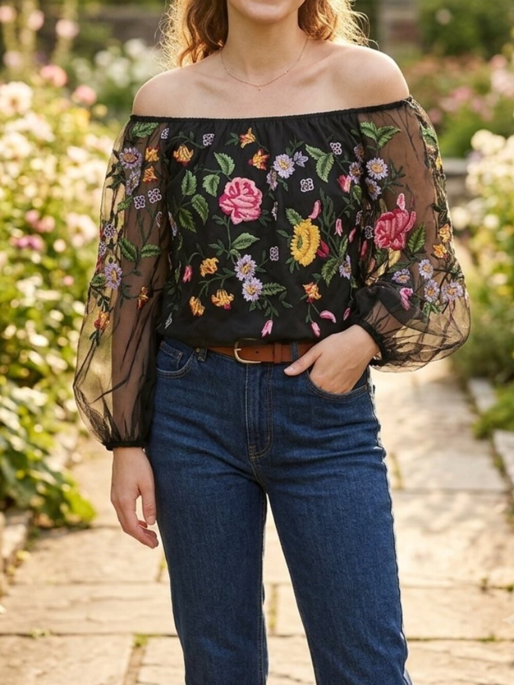 Carolina Herrera Black Floral Embroidered Off The Shoulder Blouse
